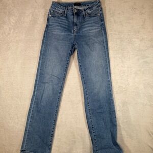 Quince Stretch High Rise Straight Jeans‎ Seaside Blue Floral Embroidery 26/30
